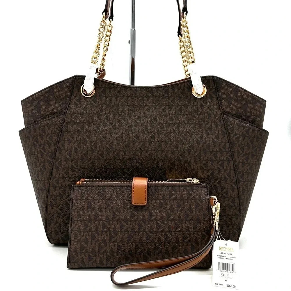 Michael Kors Large Jet Set Travel Chain Shoulder Bag & Double Zip Wallet Brown - Picture 5 of 15